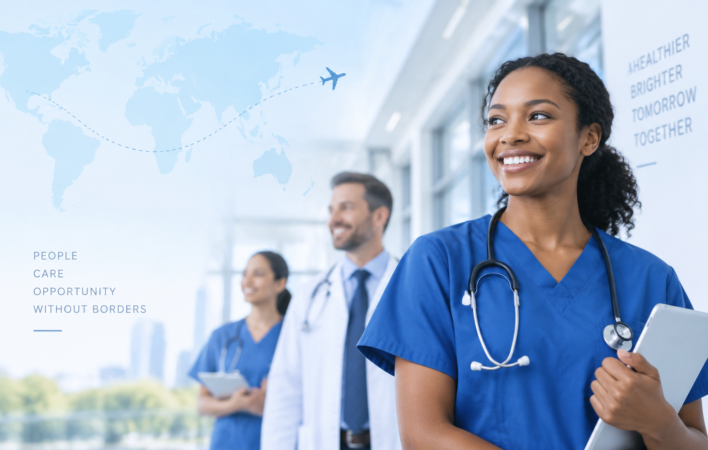 Smiling healthcare professionals in a bright hospital corridor with a world map and flight path